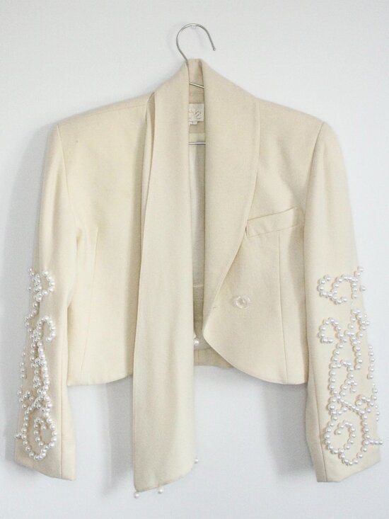 Cache Jackets & Blazers - Cache Vintage Crop Blazer Womens SML Sz 1 Cream Wool Pearl Embroidered Coquette